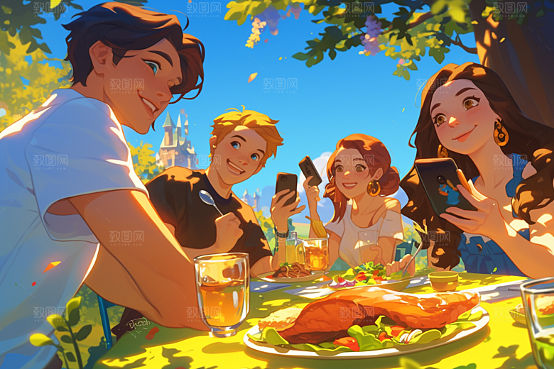 夏日聚会漫画风暑假插画