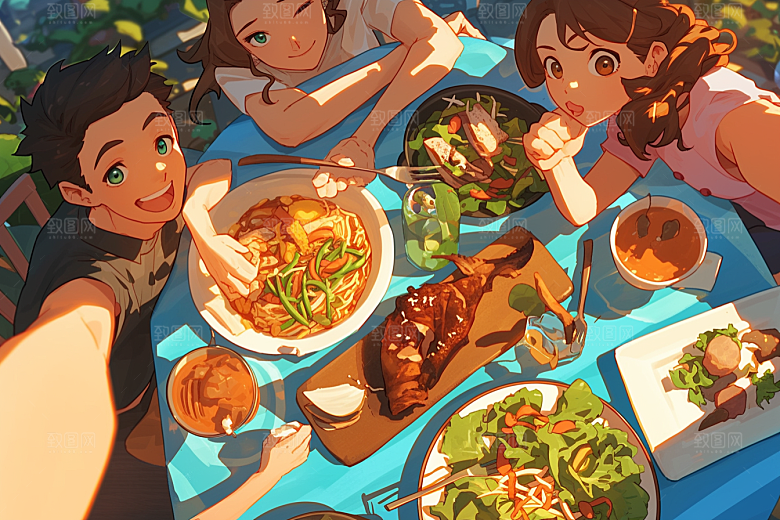 夏日聚会同学欢乐插画