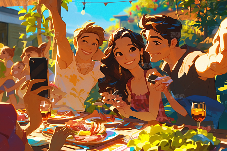 夏日聚会漫画风假日插画