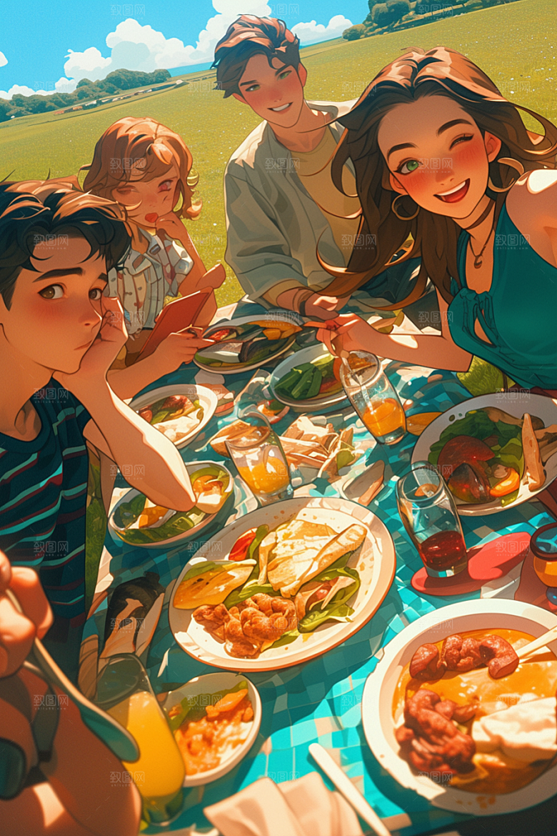 夏日聚会场景自拍插画