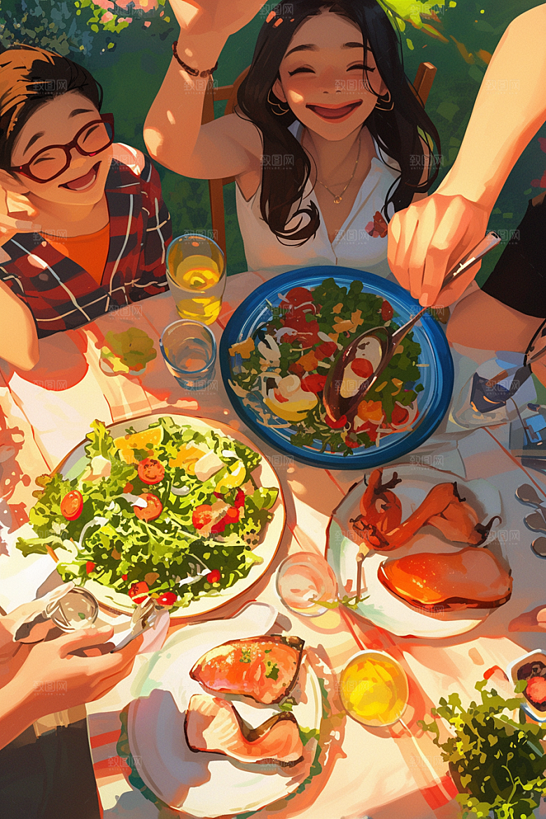 夏日聚会同学自拍插画
