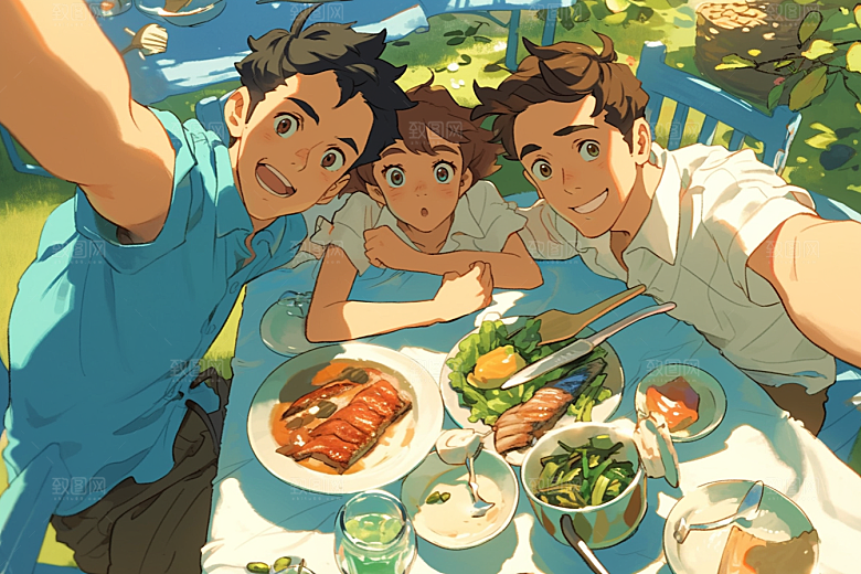 夏日聚会假日自拍插画