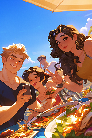夏日聚会玩耍手绘插画