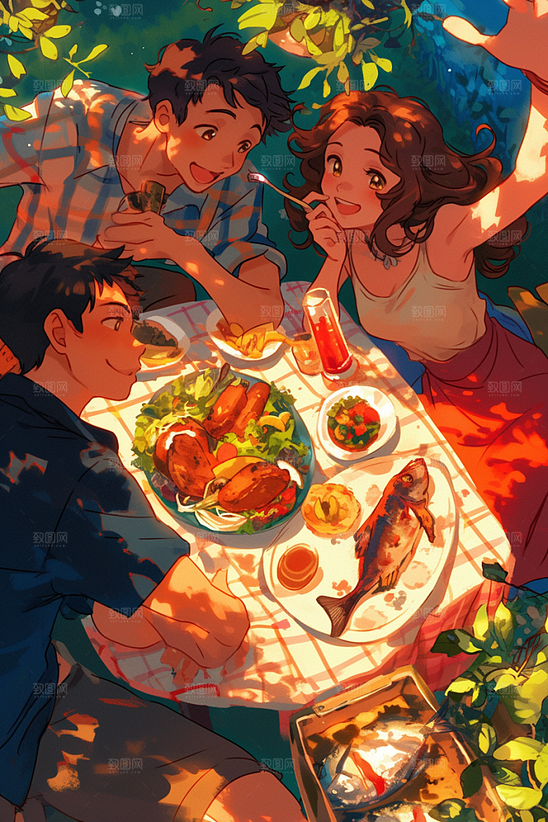 夏日聚会手绘漫画风插画