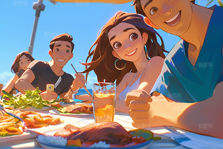 夏日聚会场景手绘插画