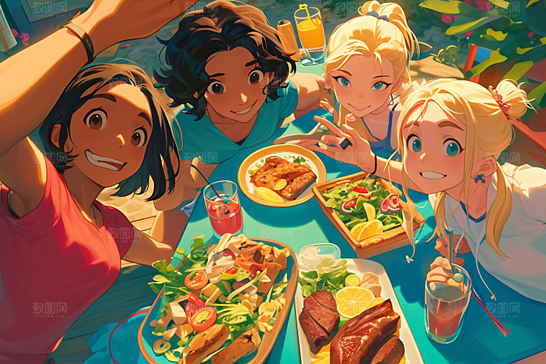 夏日聚会暑假自拍插画