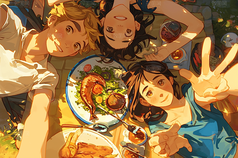 夏日聚会手绘场景插画