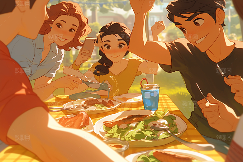 夏日聚会手绘欢乐插画