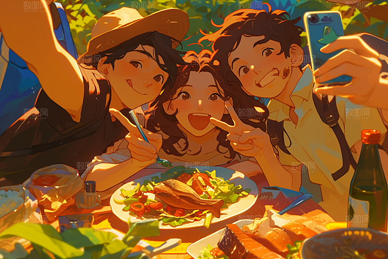 夏日聚会友情自拍插画