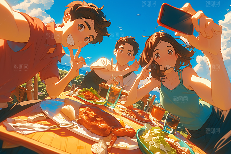 夏日聚会自拍玩耍插画