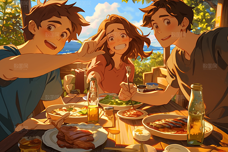 夏日聚会自拍发小插画