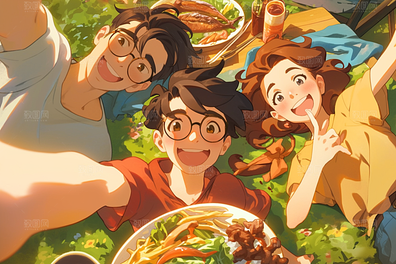 夏日聚会自拍友情插画