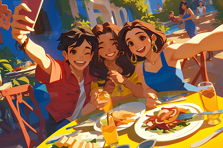 夏日聚会手绘同学插画