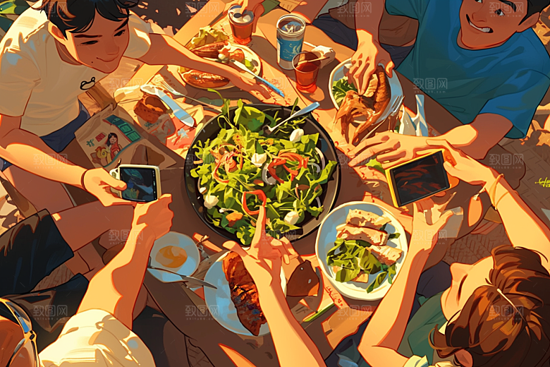 夏日聚会暑假同学插画