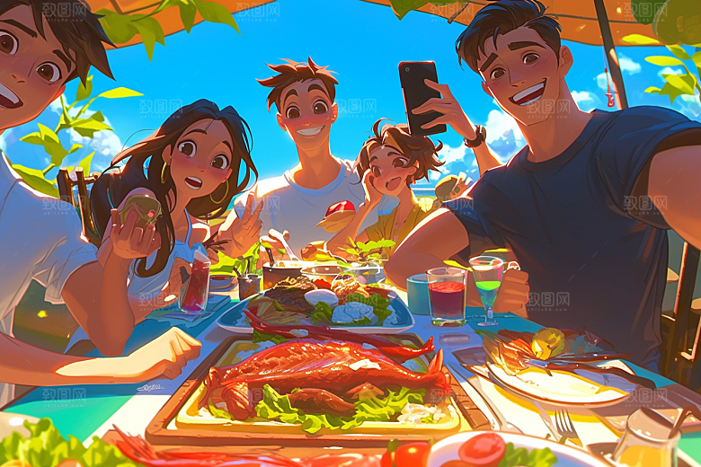 夏日聚会自拍欢乐插画