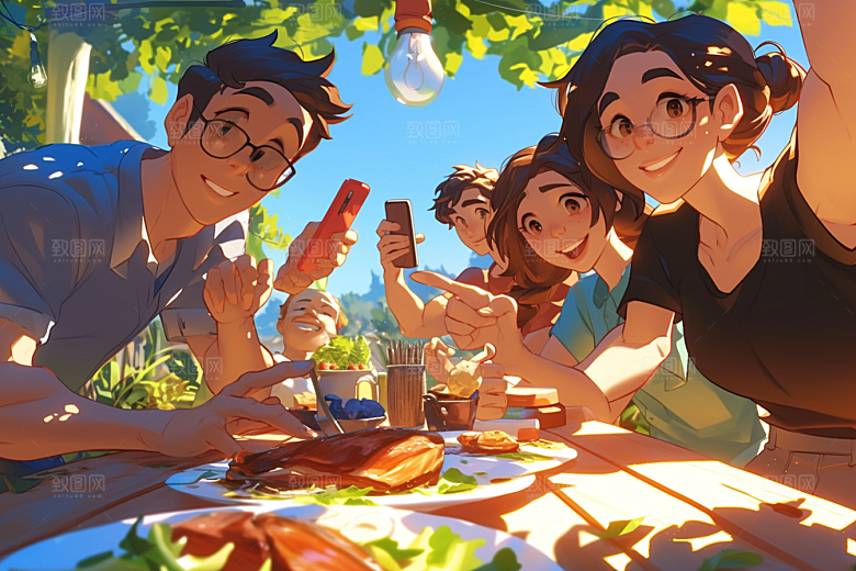 夏日聚会漫画风自拍插画