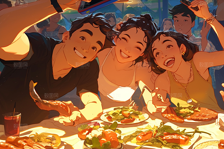 夏日聚会发小玩耍插画