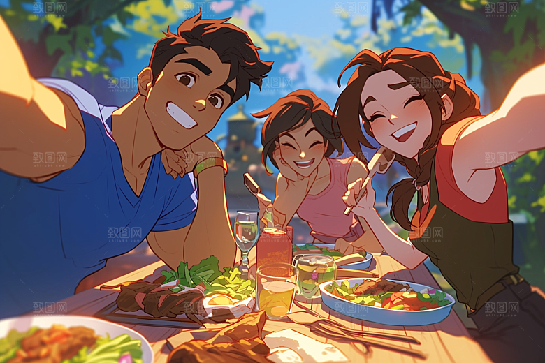 夏日聚会假日自拍插画