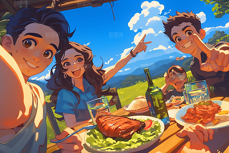 夏日聚会假日同学插画