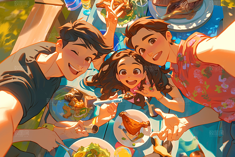 夏日聚会友情自拍插画