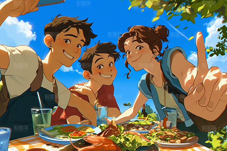 夏日聚会欢乐自拍插画