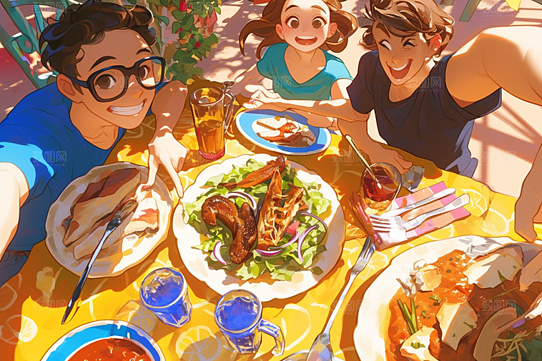 夏日聚会发小友情插画