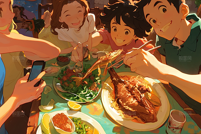 夏日聚会欢乐发小插画