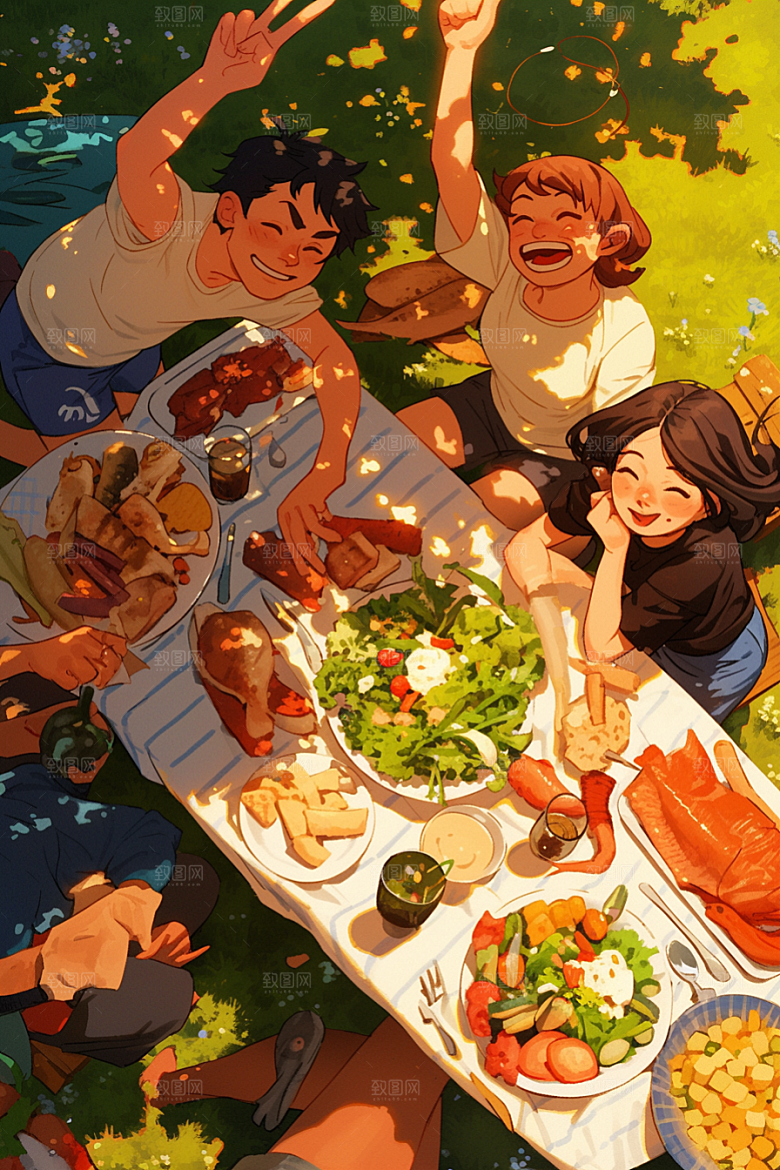 夏日聚会手绘同学插画