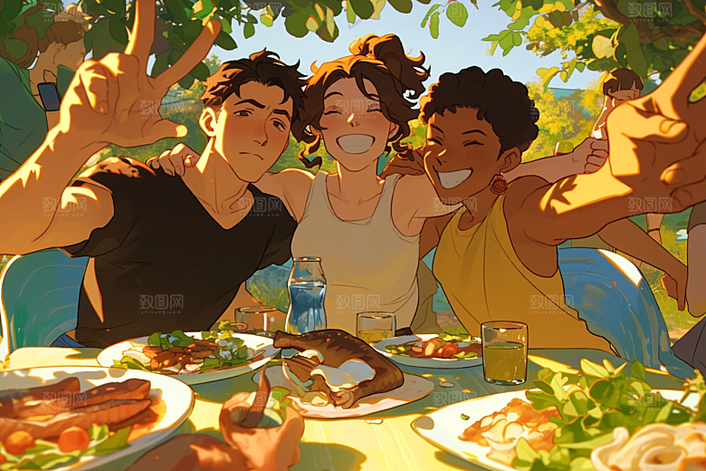 夏日聚会发小假日插画