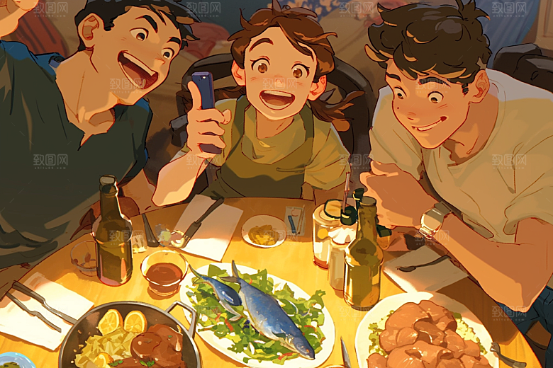 夏日聚会欢乐自拍插画