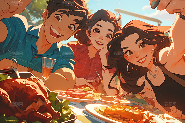 夏日聚会场景同学插画