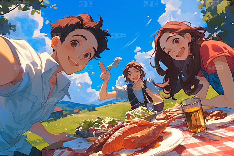 夏日聚会手绘玩耍插画