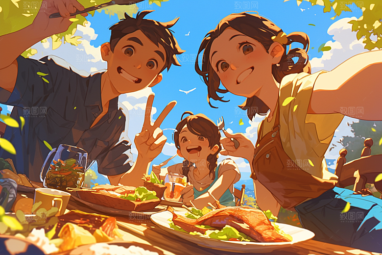 夏日聚会发小场景插画