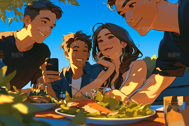 夏日聚会暑假友情插画