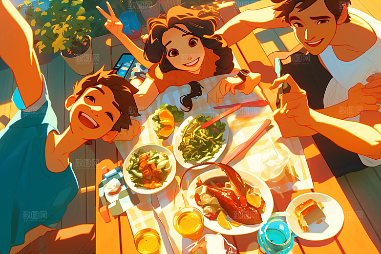 夏日聚会自拍暑假插画