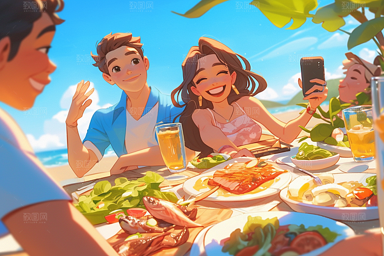 夏日聚会同学发小插画