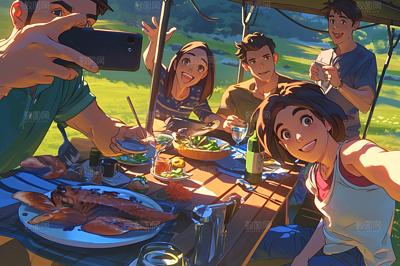 夏日聚会玩耍自拍插画