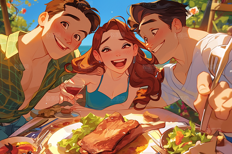 夏日聚会发小自拍插画
