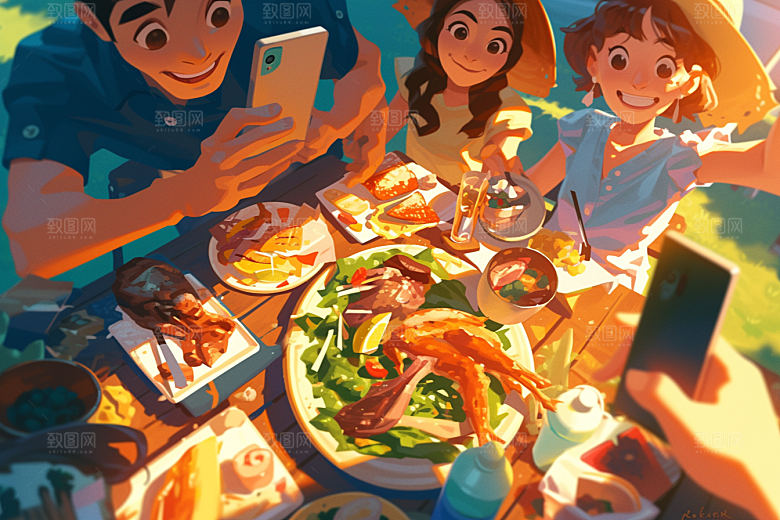 夏日聚会暑假同学插画