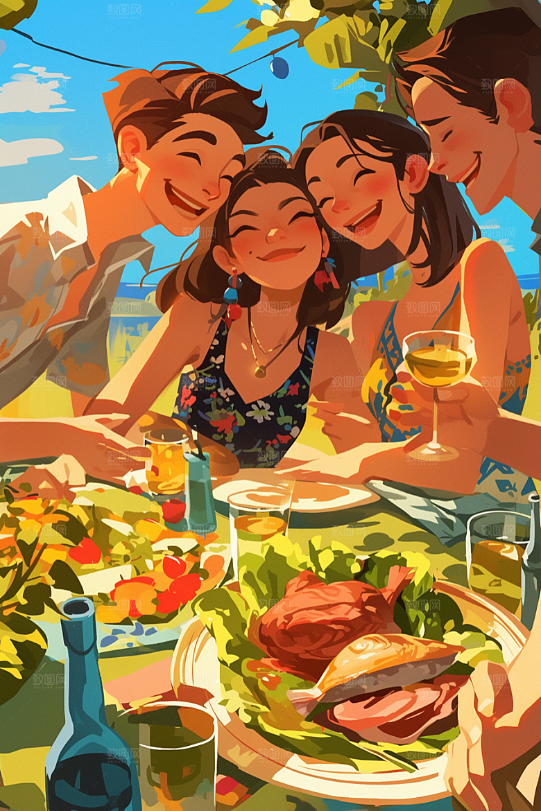 夏日聚会友谊手绘插画