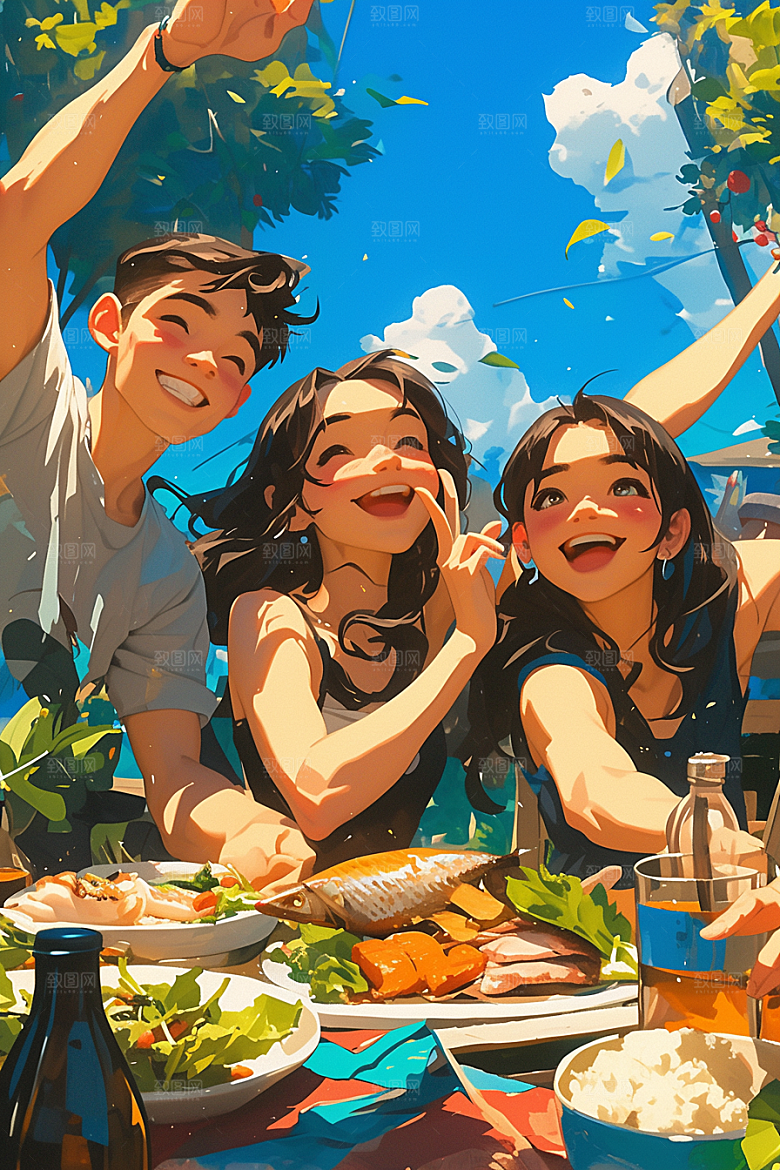 夏日聚会友谊漫画风插画