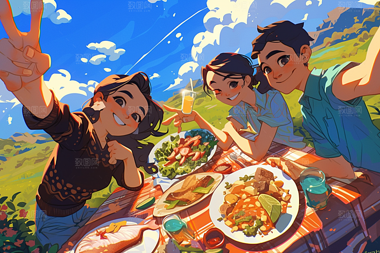 夏日聚会自拍同学插画