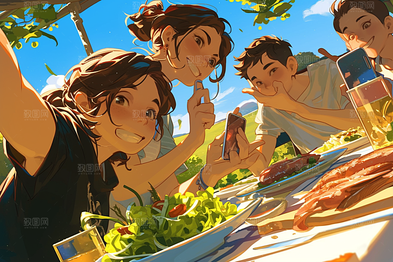 夏日聚会同学场景插画