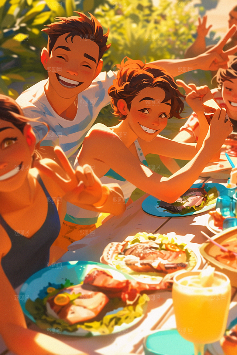 夏日聚会欢乐场景插画