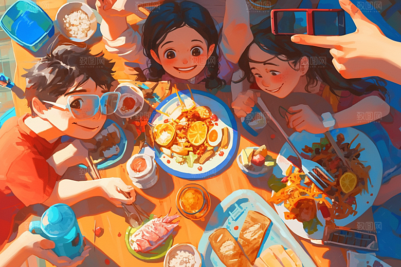 夏日聚会友情自拍插画