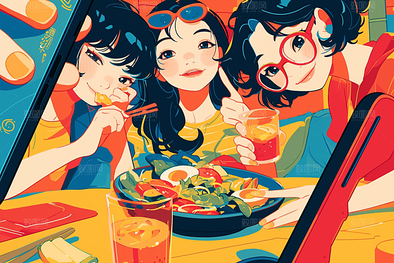 夏日聚会漫画风欢乐插画