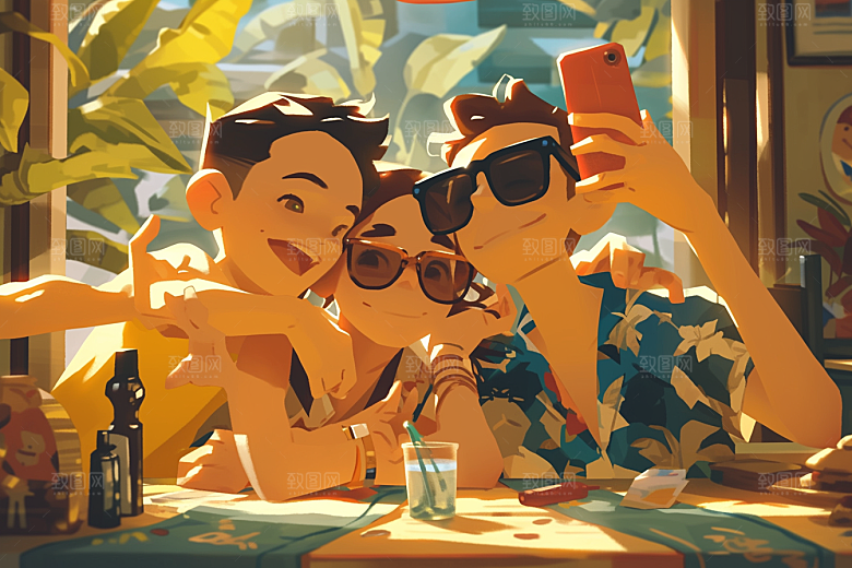 夏日聚会高清自拍插画