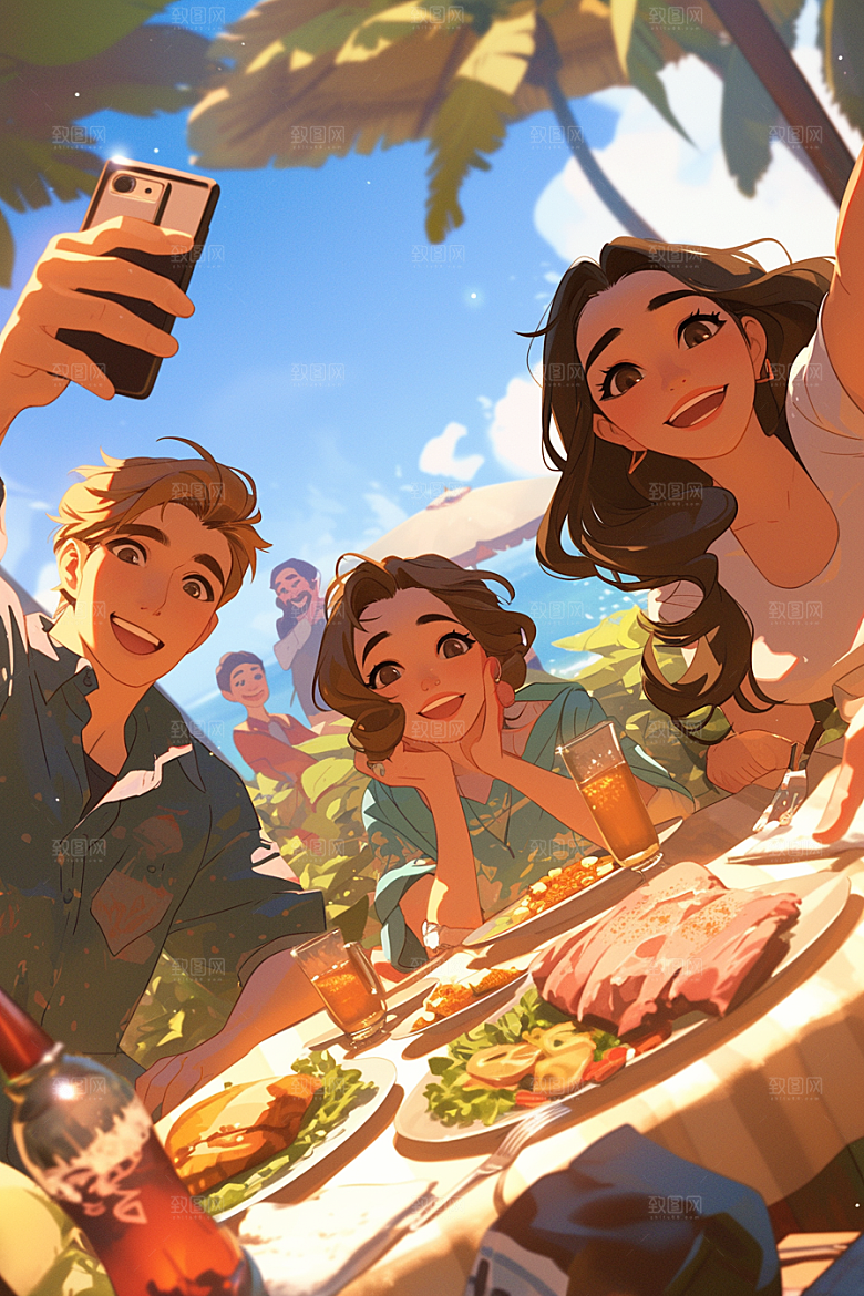 夏日聚会场景欢乐插画