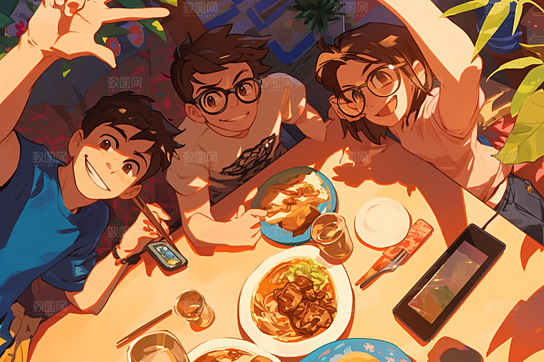 夏日聚会同学假日插画