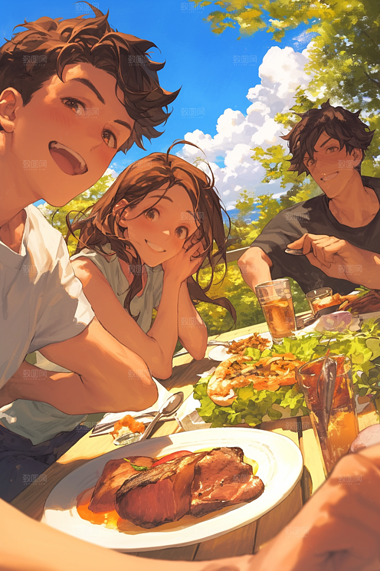 夏日聚会手绘友情插画